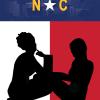 NC flag with state seal, Raleigh city outline, and women working.