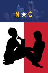 NC flag with state seal, Raleigh city outline, and women working.
